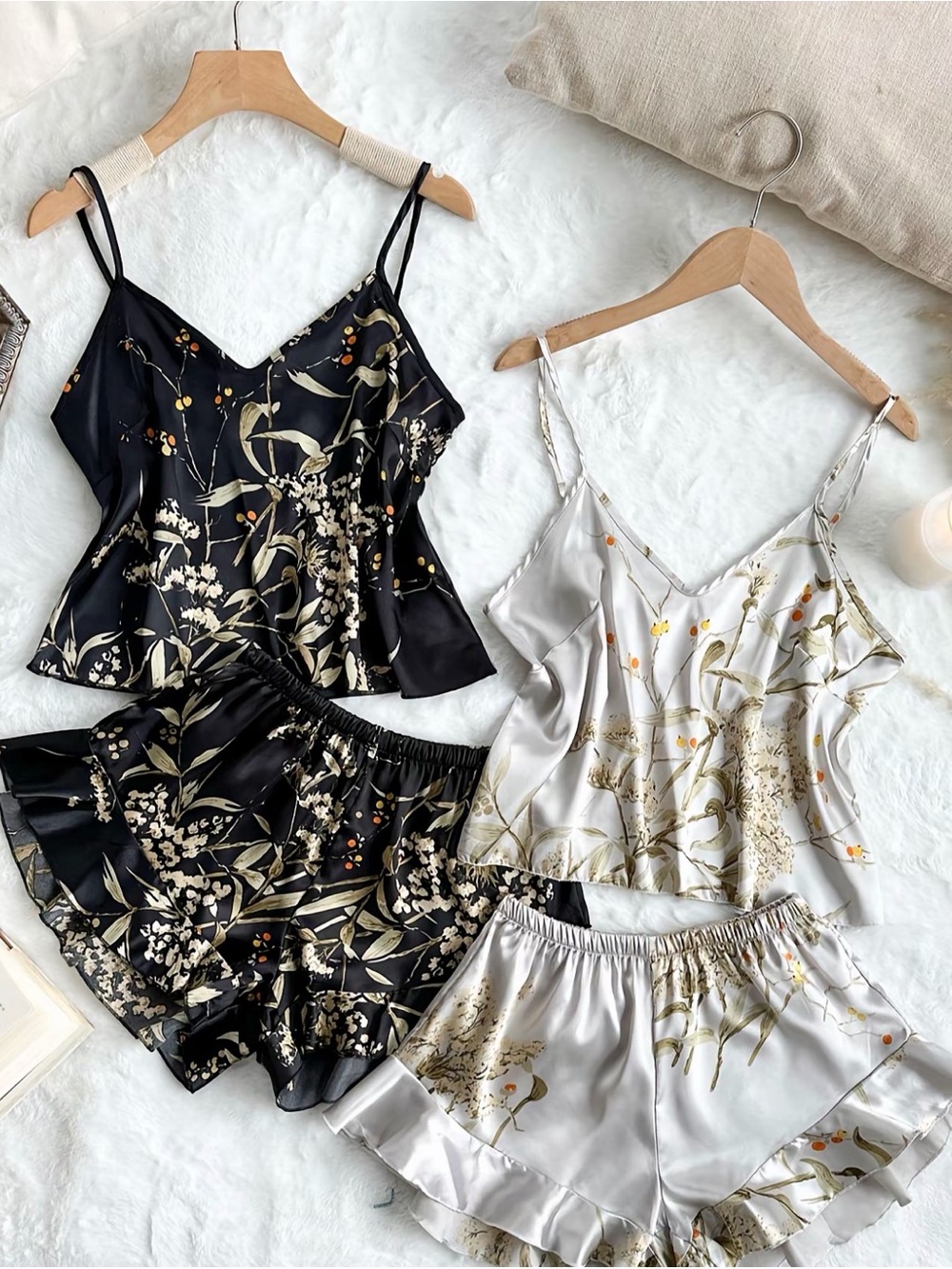 Floral Satin Cami & Short Sleep Set - Black / White